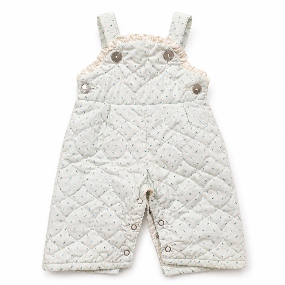 Vintage Quilted Floral Baby Overalls Blue Ruffle Eyelet Lace Snap Bibs 9 Months
